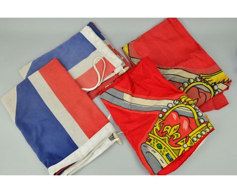TWO UNION JACK FLAGS, together with two British Army flags (red, gold lion crossed swords)