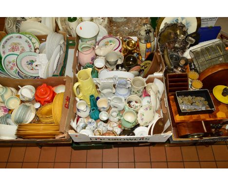 SIX BOXES AND LOOSE CERAMICS, METALWARE, CLOCK, COINS, etc, to include Royal Doulton, Royal Worcester, Susie Cooper, cutlery,