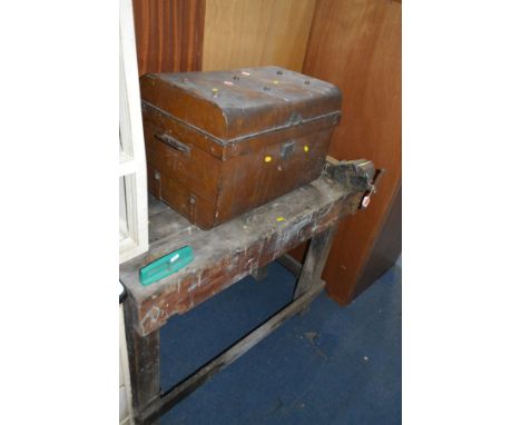 A 19TH CENTURY WOODEN WORK BENCH with a vice, width 101cm, together with a tin trunk (2)