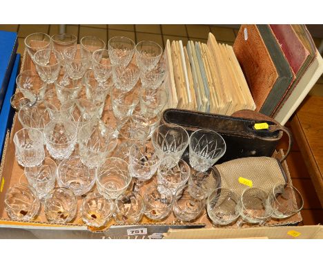 A BOX OF SUNDRIES AND GLASSWARES, to include various cigarette card albums (loose and stuck in), two cameras, etc