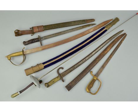 A BOX CONTAINING AN MIDDLE EASTERN CURVED SWORD, in metal and blue velvet scabbard, pattern to blade and other markings, a 19