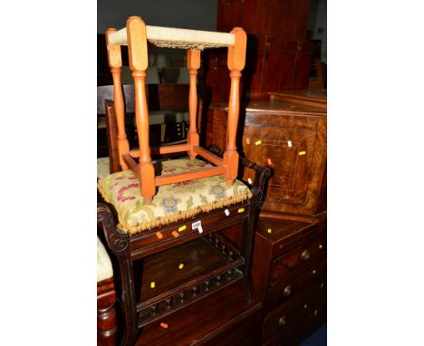 AN EDWARDIAN MAHOGANY PIANO STOOL, Edwardian Sutherland table, a walnut corner unit and a stool (4)