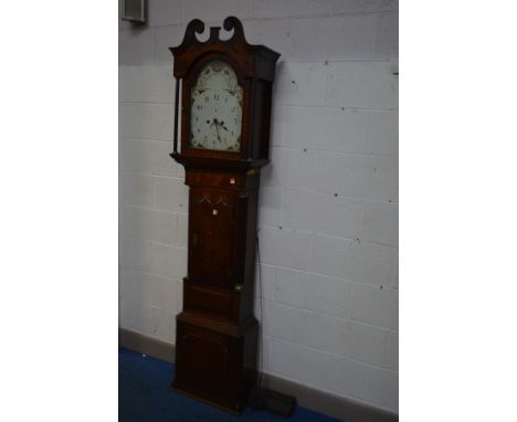 A GEORGE III OAK, MAHOGANY AND MARGUETRY INLAID EIGHT DAY LONGCASE CLOCK, the painted dial with Arabic numerals, subsidiary d