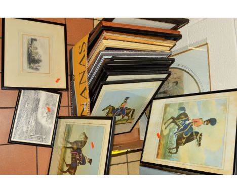A BOX OF PICTURES AND PRINTS etc, to include eight prints of Officers of the British Army on horseback, watercolours, engravi
