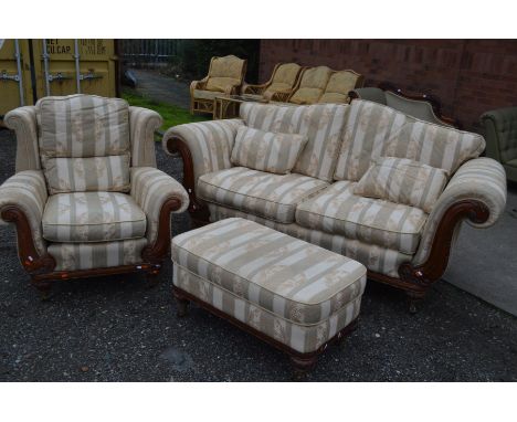 A REPRODUCTION CHERRYWOOD THREE PIECE LOUNGE SUITE with stripped upholstery, comprising of a two seater settee approximate wi