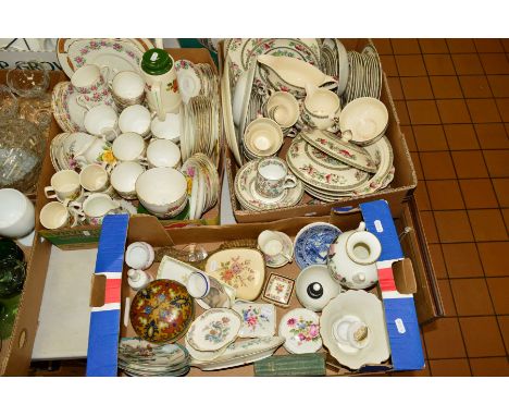 THREE BOXES OF CERAMICS, DON BRECKON PRINT, PETIT POINT DRESSING TABLE ITEMS, etc, to include Aynsley, 'Indian Tree' pattern 