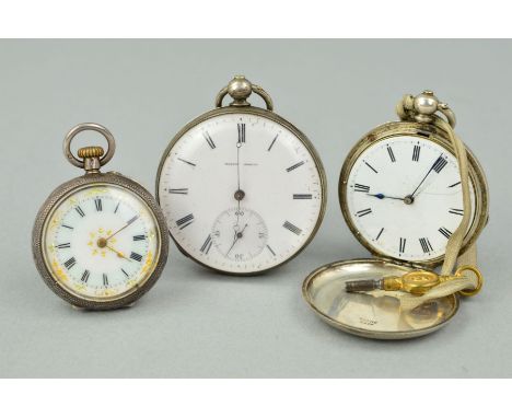 A LATE 19TH CENTURY FOB WATCH, enamel dial, case stamped .935, together with a small full hunter pocket watch, the case stamp