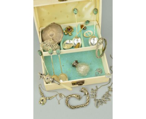 A SELECTION OF SILVER AND WHITE METAL JEWELLERY AND ACCESSORIES AND A JEWELLERY BOX, to include an engine turned, circular co