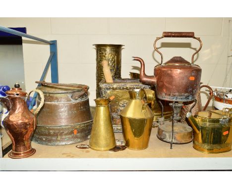 A GROUP OF BRASS AND COPPER ITEMS, to include a stick stand, coal scuttle, log bin, kettle and spirit burner, jugs etc