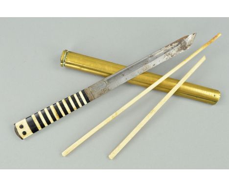 A WWII PERIOD JAPANESE/CHINESE MILITARY DAGGER, in brass scabbard, the blade is rusted and the grip is in shinny black/white 