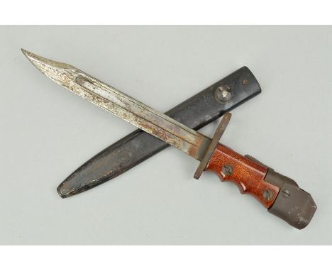 A WWII AND LATER MK7 BRITISH RIFLE BAYONET WITH SCABBARD, good condition and all the regular markings to the blade hilt 'No.7