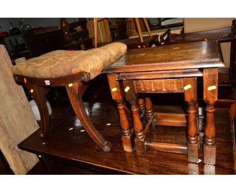 A REPRODUCTION MAHOGANY PIANO STOOL together with an oak nest of two tables (2)