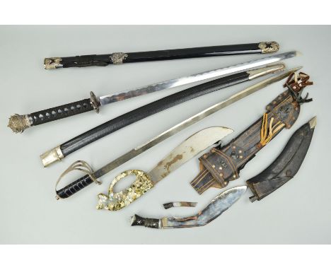 A COPY SAMURI STYLE SWORD AND SCABBARD, with ornate design, a curved sword and leather scabbard with etched design on blade, 