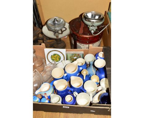 A BOX AND LOOSE SUNDRY ITEMS, to include Devon wares, two vintage car lights, a set of scales with weights, a cast iron flat 