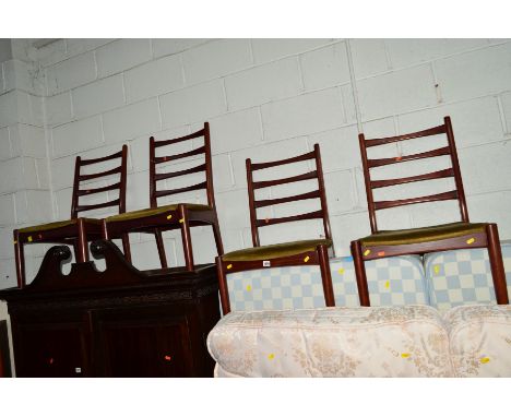 A SET OF FOUR MAHOGANY LADDER BACK CHAIRS and an oak shelf (5)