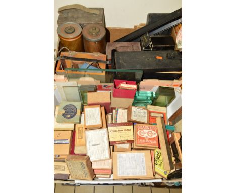 TWO BOXES CONTAINING LANTERN, PLATES, CAMERAS, TRIPOD, etc