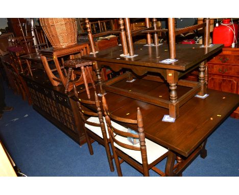 A YOUNGER OAK DINING SUITE comprising of an extending table, width 159cm x depth 91cm x height 73cm, six ladder back chairs, 