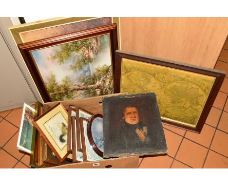 PICTURES AND PRINTS etc, to include a continental oil on canvas of a river flowing through a forest, a 19th century portrait 