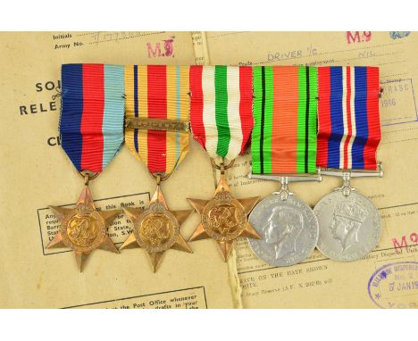 A SWING MOUNTED GROUP OF FIVE WWII MEDALS, as follows, 1939-45, Africa (8th Army bar), Italy Stars, Defence and War medal (un