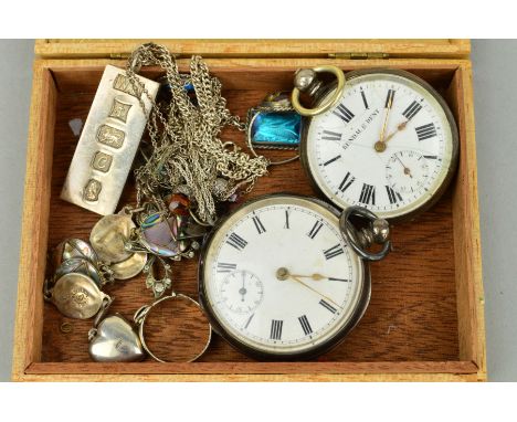 A SELECTION OF SILVER AND WHITE METAL JEWELLERY to include two pocket watches, a Mexican abalone shell bracelet, two butterfl