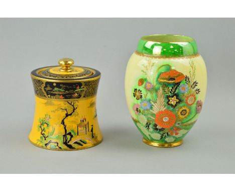 TWO PIECES OF CARLTONWARE to include a covered pot, chinoiserie scenes on yellow ground with black decorated border, pattern 