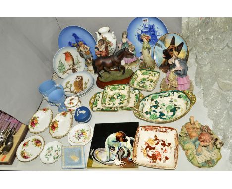 A COLLECTION OF CERAMIC ITEMS, to include Royal Albert 'Old Country Roses', Mason 'Green Mandalay', Wedgwood blue jasperware,