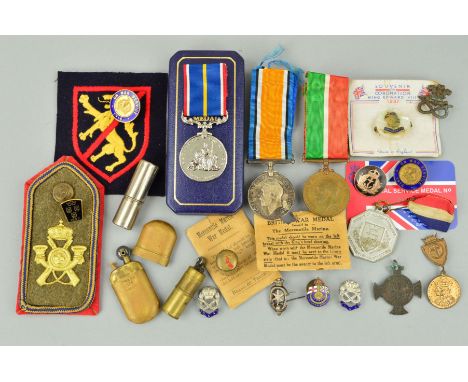 A BOX CONTAINING VARIOUS MILITARY MEDALS, LAPEL PINS, COLLAR INSIGNIA, PATCHES, etc, to include a WWI Merchantile Marine and 