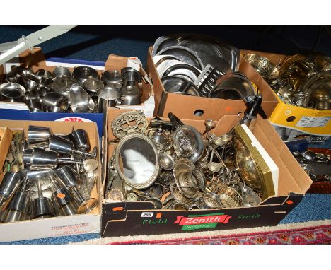 THREE BOXES OF STAINLESS STEEL, KITCHENWARES, including Old Hall and Danish items and two boxes and a tray of silver plate, e