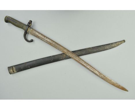 A FRENCH CHASSEPOT STYLE RIFLE BAYONET, and metal scabbard, no markers marks evident on blade etc