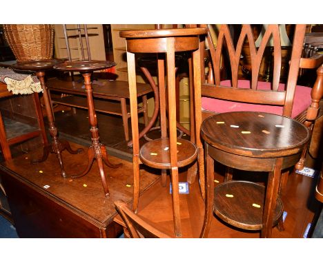 TWO VARIOUS EDWARDIAN MAHOGANY WINE TABLES with dish top tops, a mahogany torchere stand, occasional table and a 20th Century