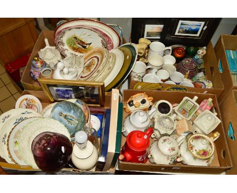 FOUR BOXES OF CERAMICS, GLASS, PICTURES, etc, to include teapots, Limited Edition prints, a Laurel &amp; Hardy Limited print,