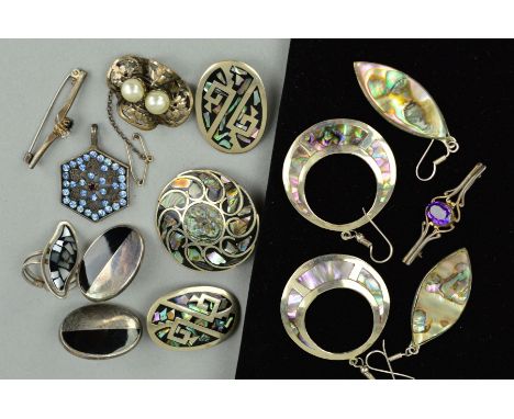 A SELECTION OF SILVER AND WHITE METAL JEWELLERY to include mainly Mexican Alpaca jewellery inlaid with abalone shell, an amet