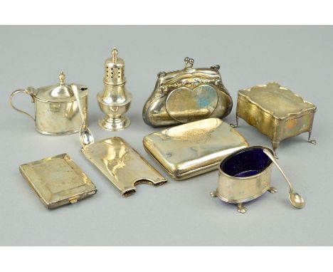 A GROUP OF SILVER COMPRISING A SILVER PURSE, a three piece condiment set and two spoons, a cigarette case, a calling card sle