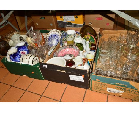 FOUR BOXES OF CERAMICS, GLASS etc, to include Copenhagen seagull (beak re-glued), Maling lustre bowl, Worcester jug (chipped)