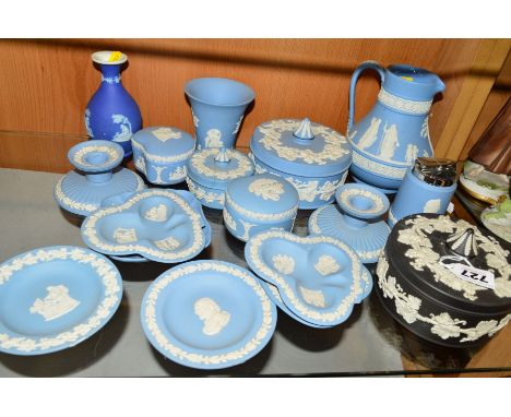 VARIOUS WEDGWOOD LIGHT BLUE, BLACK JASPERWARES, etc, to include jug, covered pots, table lighter, trinkets, etc (one lid re-g