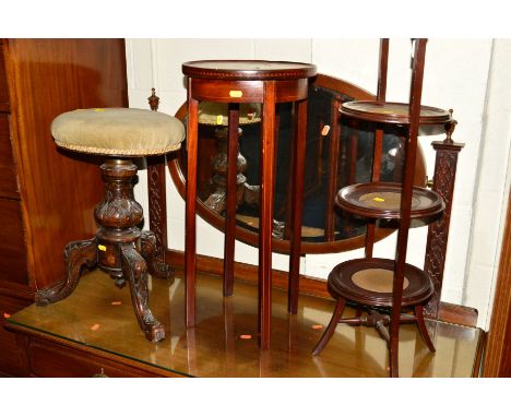 AN EDWARDIAN MAHOGANY THREE TIER CAKE STAND, a Victorian swivel piano stool and a mahogany torchere stand (3)