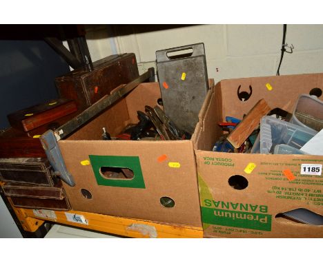 TWO BOXES OF VARIOUS CARPENTRY TOOLS, to include Stanley planes and other planes, together with various wooden boxes and leat