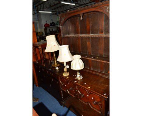 AN OAK BARLEY TWIST DRESSER, the upper section with double plate rack above two deep drawers and under shelf, approximate wid