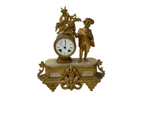 French - late19th century  8-day spelter and alabaster mantle clock, with a pierced rectangular base and standing figure repr