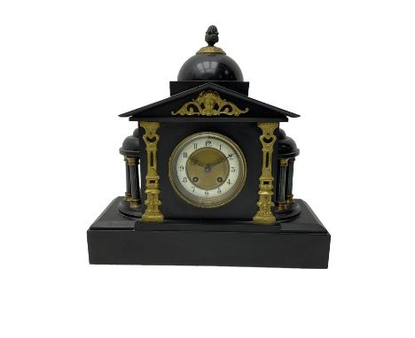 French - 8-day late 19th century slate mantle clock, with an architectural pediment surmounted by a dome and finial, semi-cir