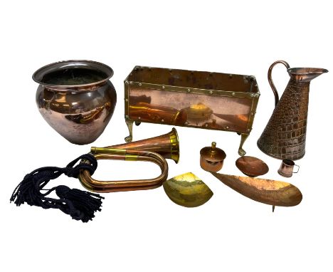 Copper and brass rectangular planter with claw feet, together with a jardiniere, hammered copper trinket dish and box and oth