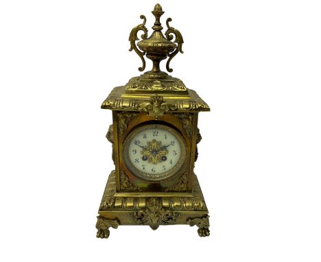 French - 19th century 8-day brass cased mantle clock, with a stepped pediment surmounted by a decorative urn, rectangular cas