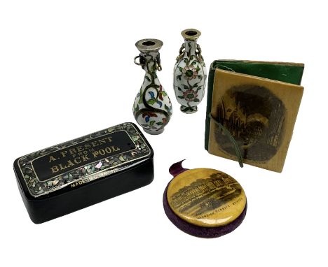 19th century papier-m�ch� rectangular snuff box inlaid with mother of pearl, titled A Present from Blackpool, together with M