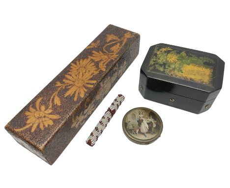Rectangular thread dispensing box, together with pokerwork box, with floral decoration, quantity of pens, compact etc