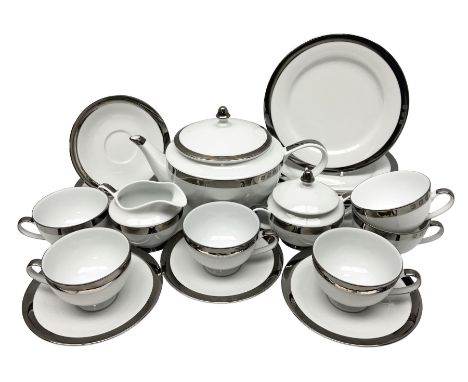 Ralph Lauren Academy pattern tea service for six, comprising tea pot, milk jug, covered sucrier, dessert plates, tea cups and