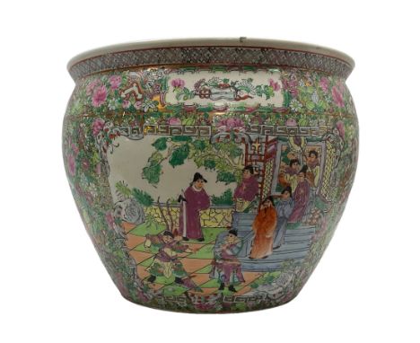 Large 20th century Chinese jardiniere/fish bowl in the Famille Rose palette, decorated with four figural panels against flora