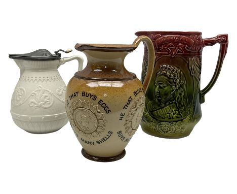 Victorian Doulton Lambeth stoneware motto jug, decorated with four roundels and the rhyme 'He that buys land buys stones, he 
