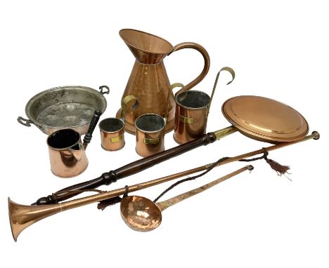 Collection of copper to include graduated set of three brass mounted cider measures, for half pint, pint and two pints, twin 