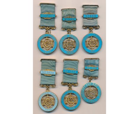 A collection of six hallmarked silver Masonic Centenary Jewels to include Parrett and Axe Lodge No. 614 1860, Union Lodge No.