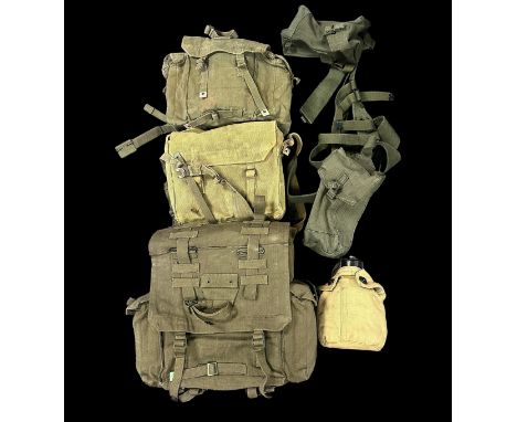 Selection Of Military Bags &amp; Satchels. One backpack, two satchels, one belt with two side bags, one WWII canteen bag cons